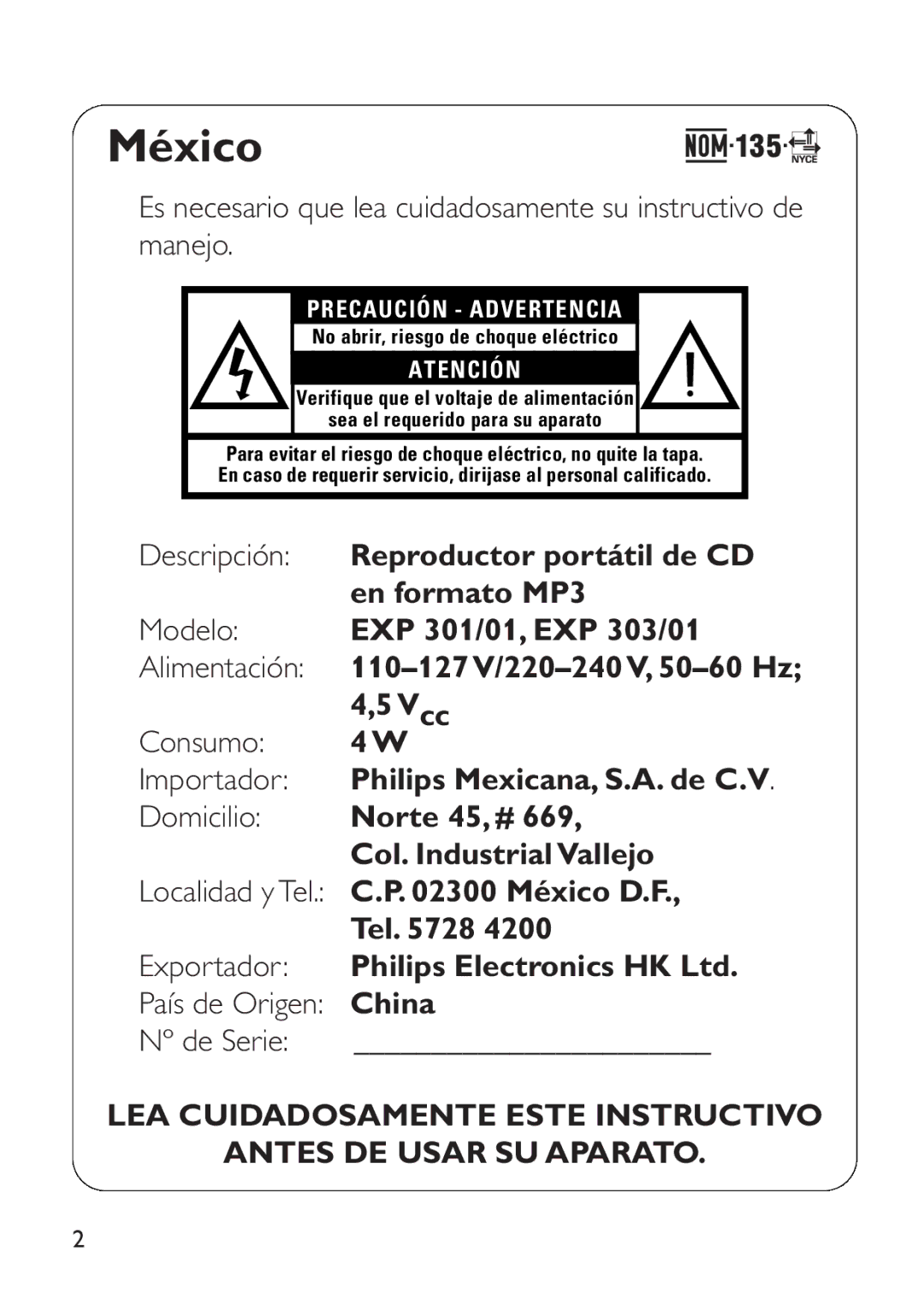 Philips EXP 301/11 manual México D.F, Tel, Exportador, China, Nº de Serie 