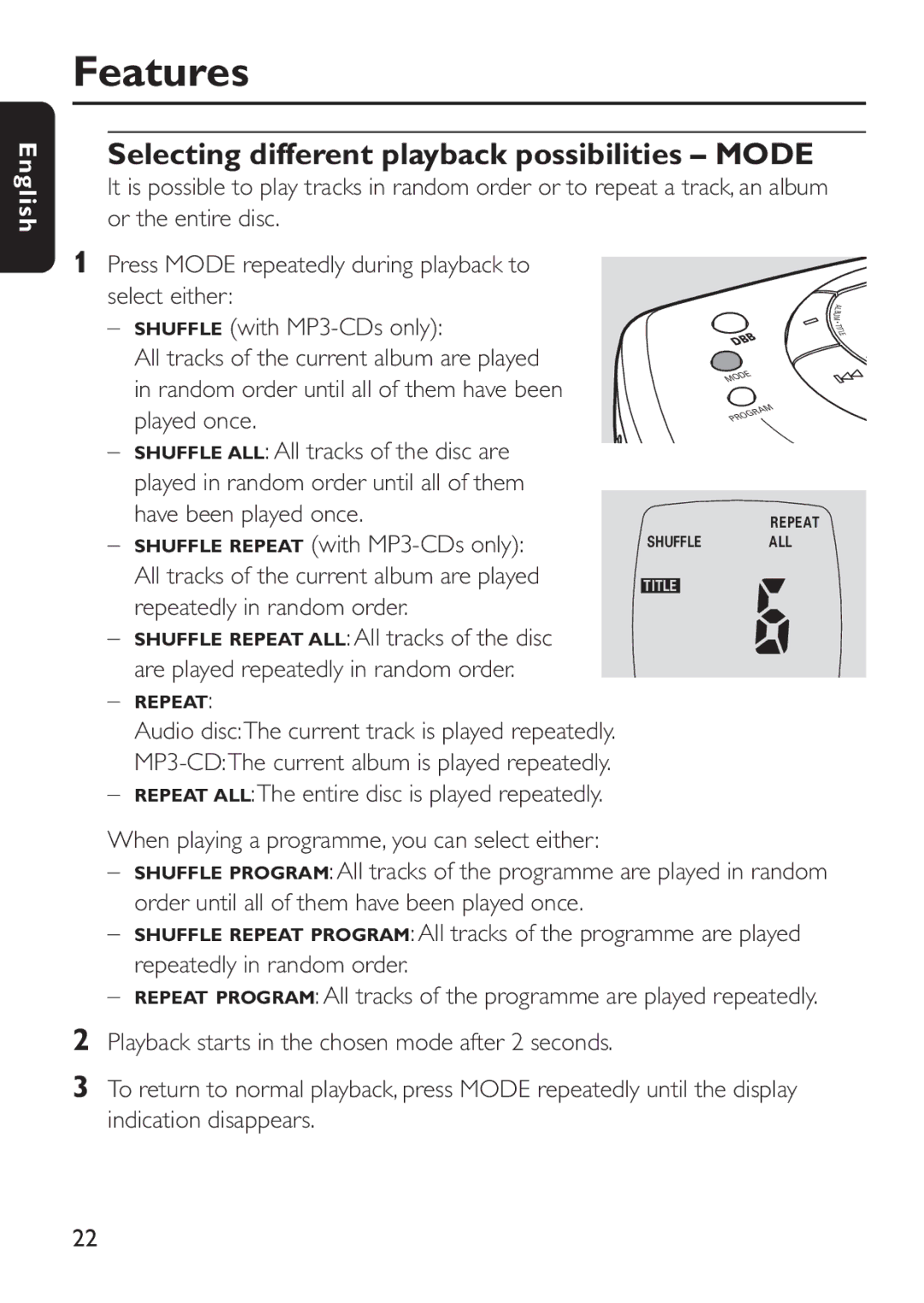 Philips EXP 301/11 manual Selecting different playback possibilities Mode, Repeat 