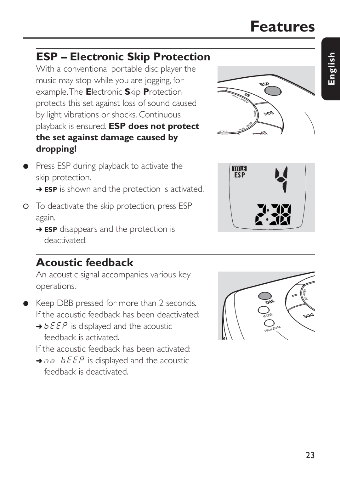 Philips EXP 301/11 manual ESP Electronic Skip Protection, Acoustic feedback, Set against damage caused by, Dropping 