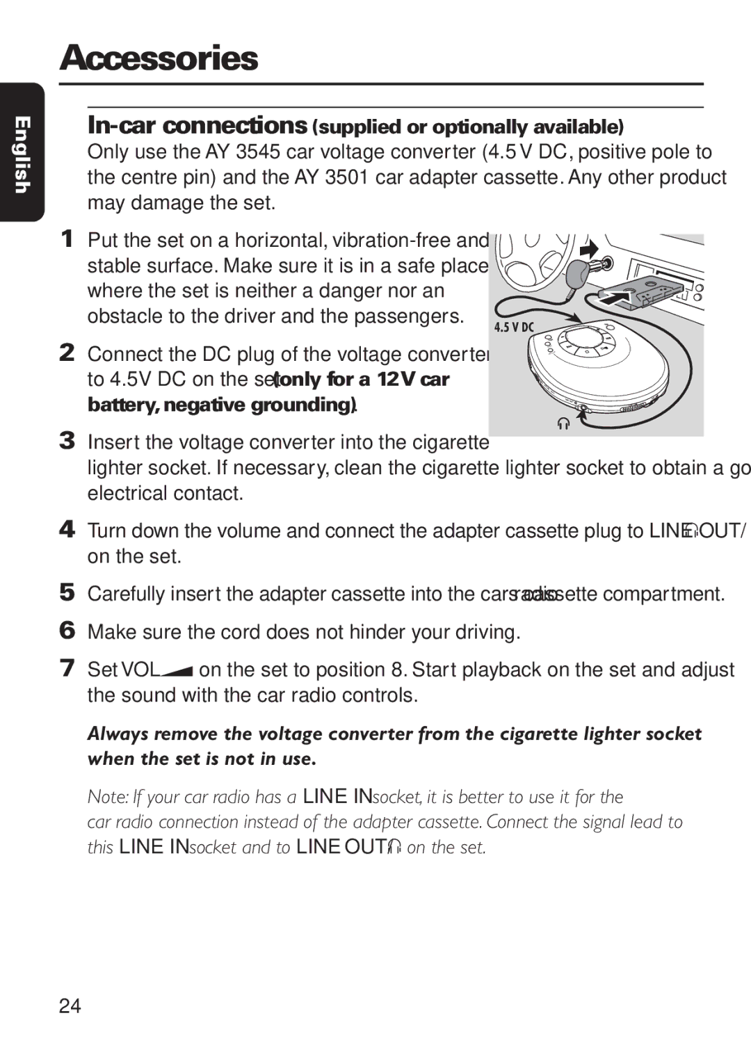 Philips EXP 301/11 manual Accessories, In-car connections supplied or optionally available 