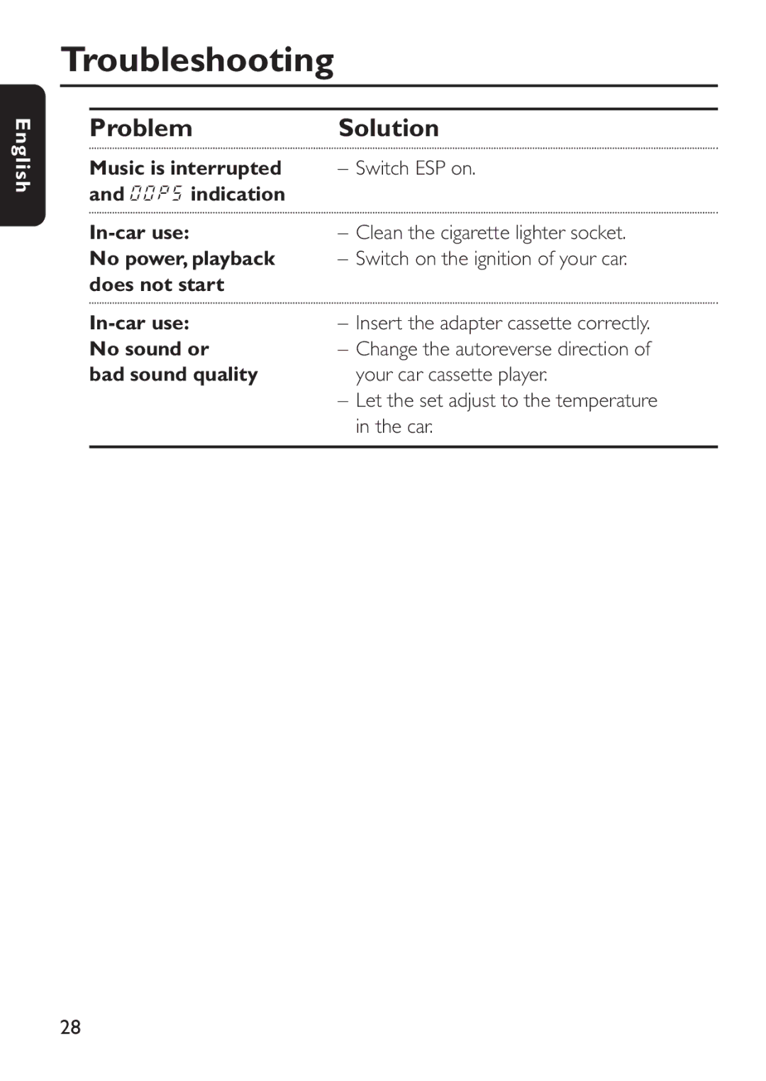 Philips EXP 301/11 manual In-car use No sound or bad sound quality, Let the set adjust to the temperature in the car 