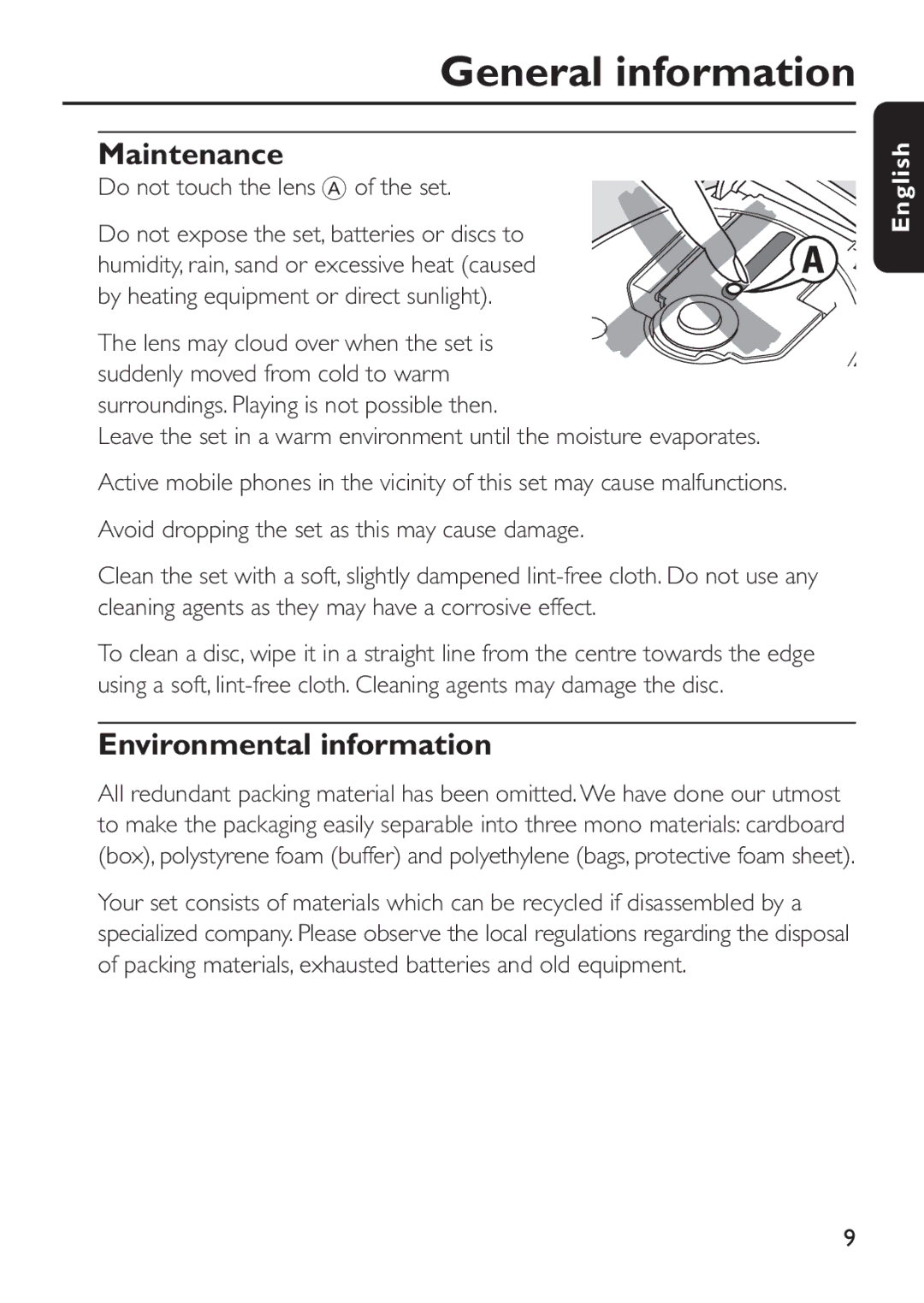 Philips EXP 301/11 manual General information, Maintenance, Environmental information, Do not touch the lens a of the set 