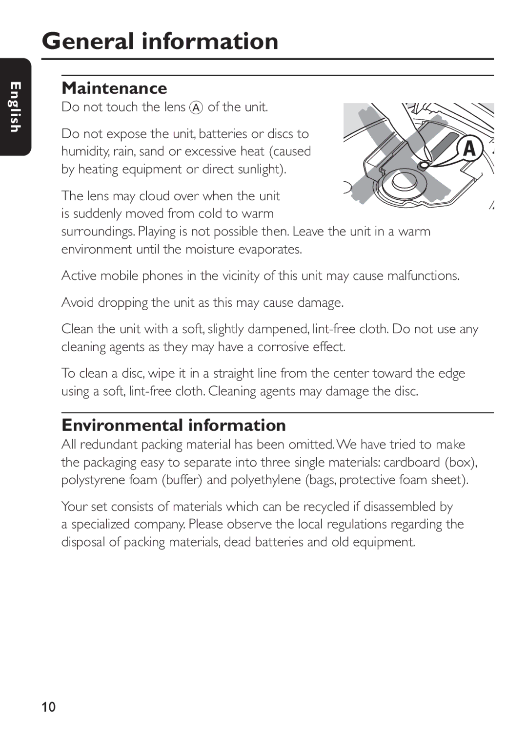 Philips EXP 303, EXP 301 General information, Maintenance, Environmental information, Do not touch the lens a of the unit 