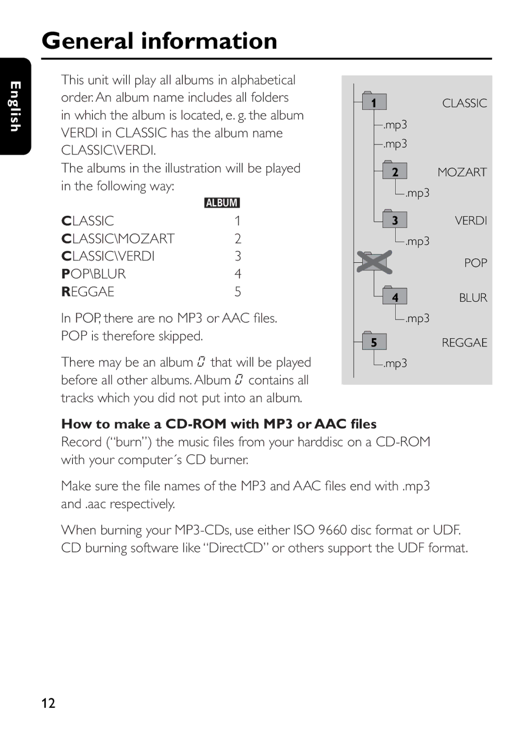 Philips EXP 303 POP, there are no MP3 or AAC ﬁles. POP is therefore skipped, How to make a CD-ROM with MP3 or AAC ﬁles 