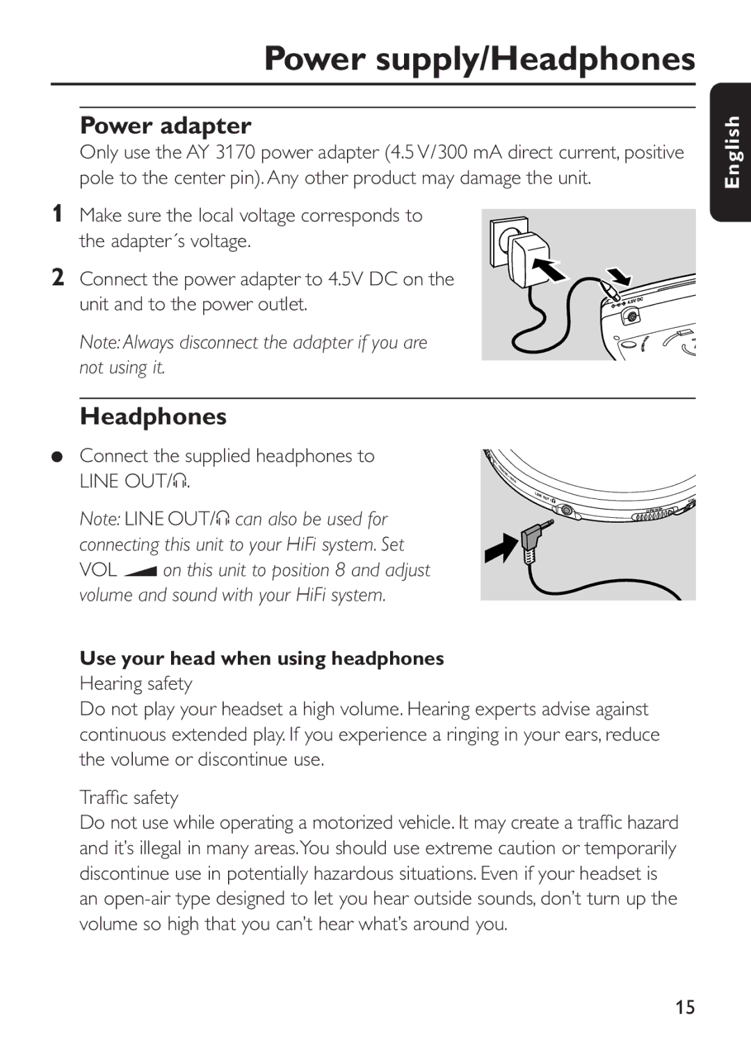 Philips EXP 301, EXP 303 manual Power supply/Headphones, Power adapter, Connect the supplied headphones to Line OUT/p 