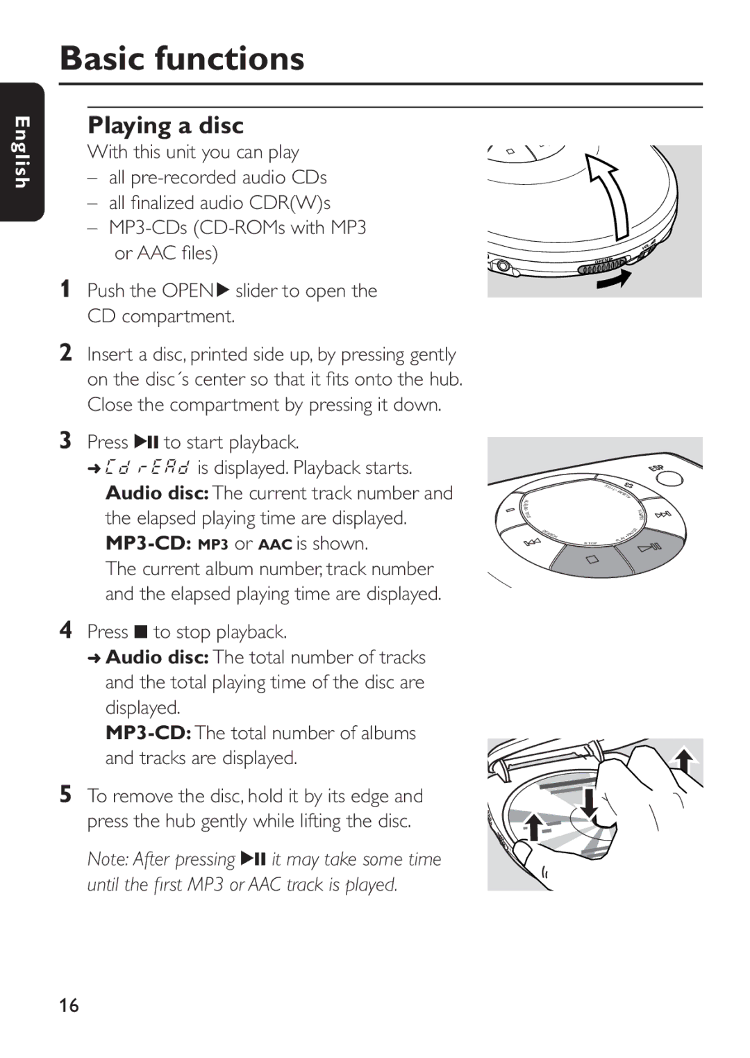 Philips EXP 303, EXP 301 manual Basic functions, Playing a disc, Press 2 to start playback 