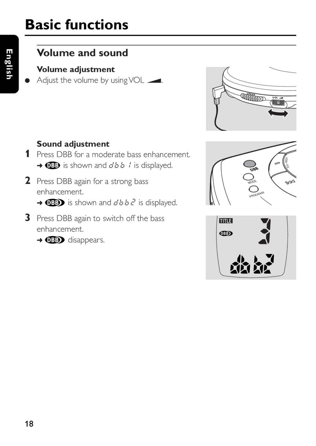 Philips EXP 303, EXP 301 manual Volume and sound, Volume adjustment, Adjust the volume by using VOL E, Sound adjustment 