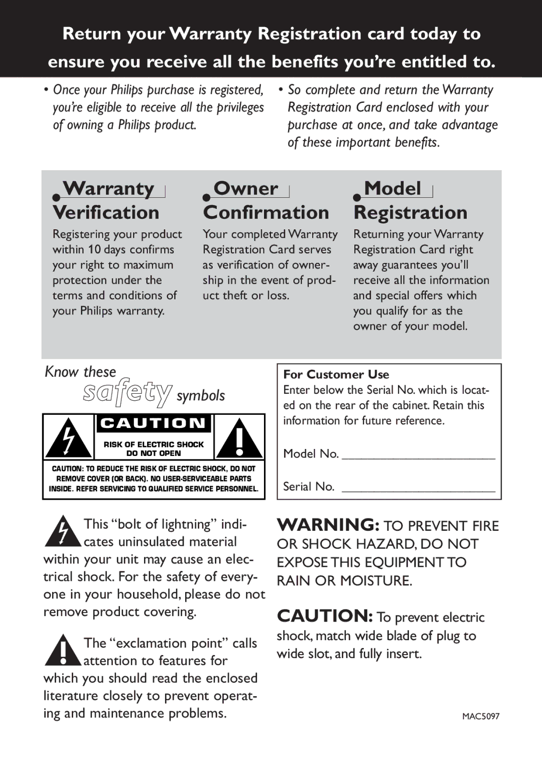 Philips EXP 303, EXP 301 manual Warranty Verification Owner Model Confirmation Registration 