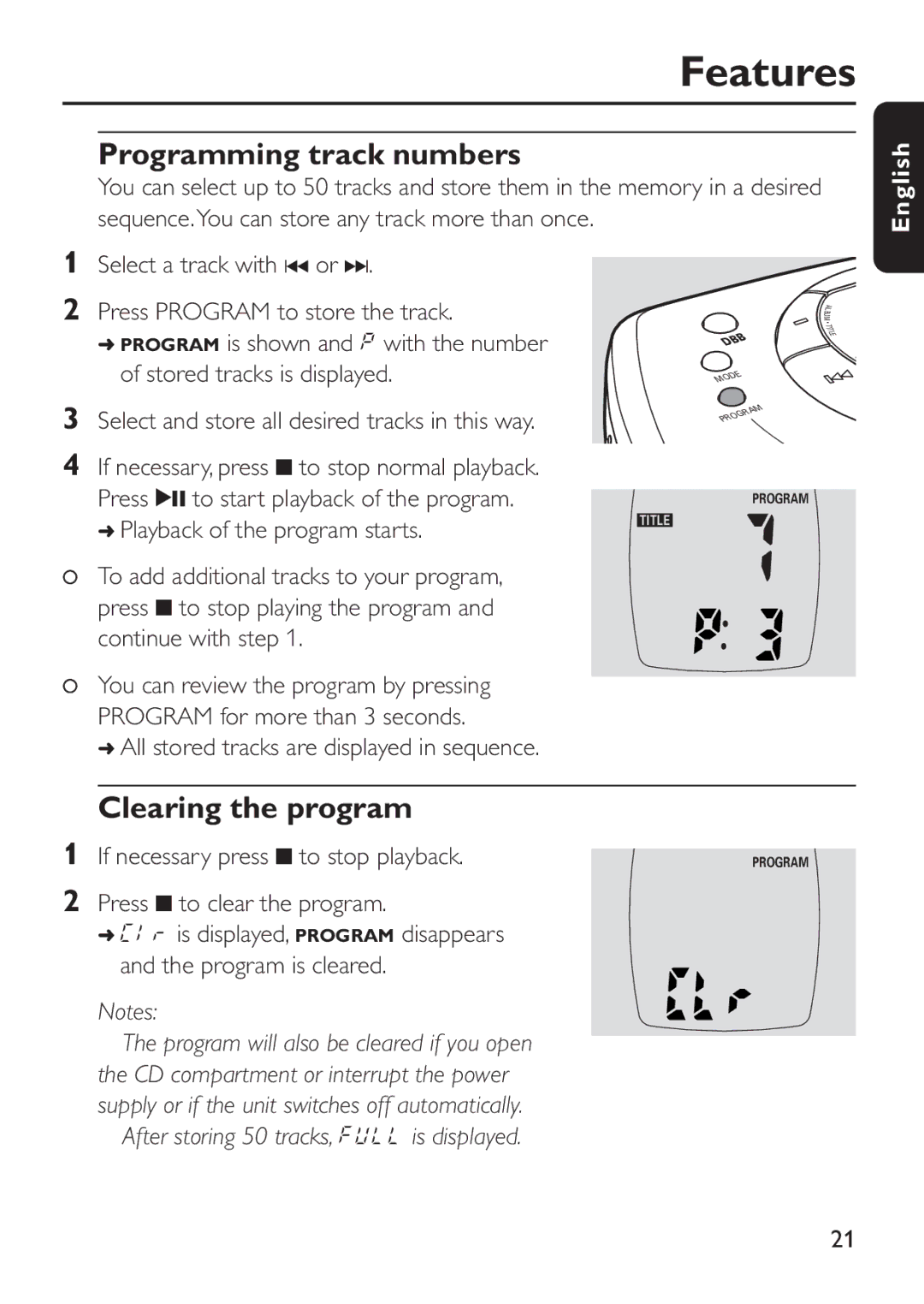 Philips EXP 301 Features, Programming track numbers, Clearing the program, All stored tracks are displayed in sequence 