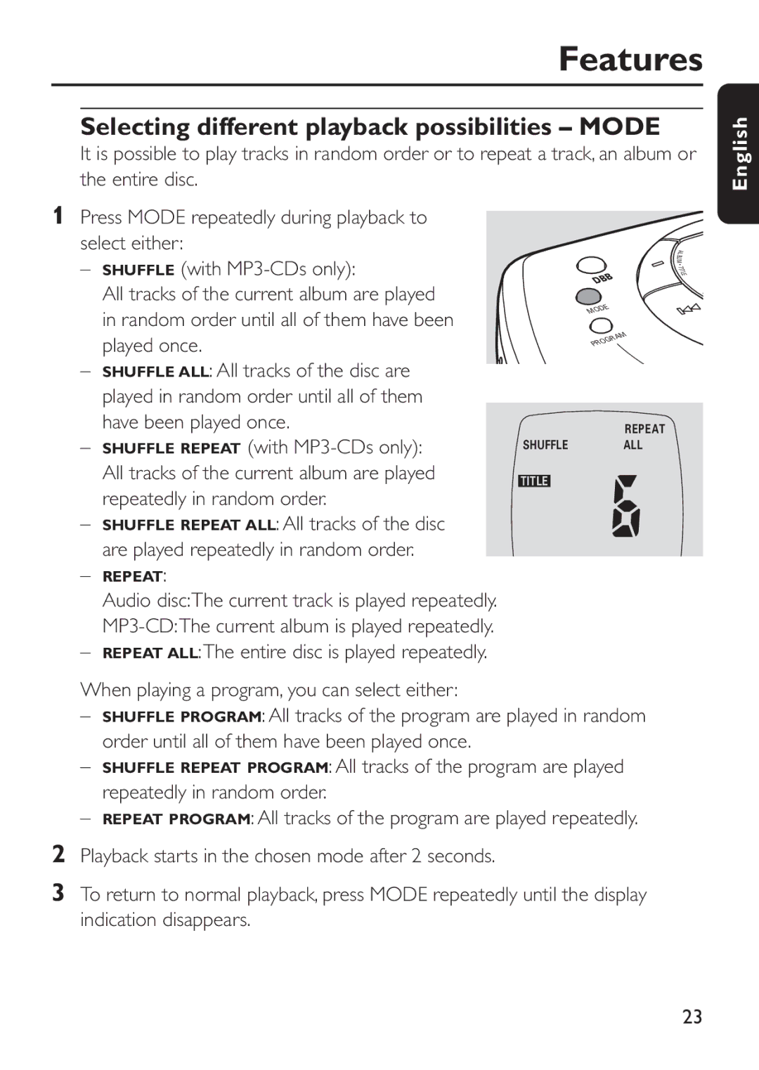 Philips EXP 301, EXP 303 manual Selecting different playback possibilities Mode 