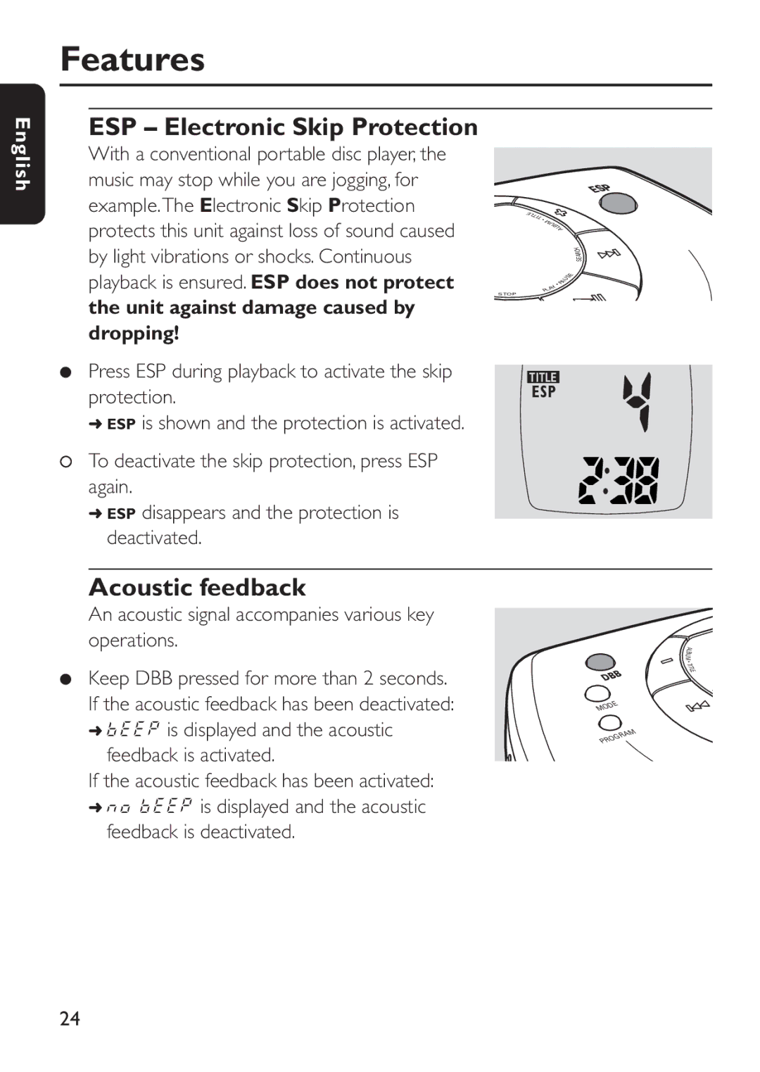 Philips EXP 303, EXP 301 manual ESP Electronic Skip Protection, Acoustic feedback, Unit against damage caused by, Dropping 