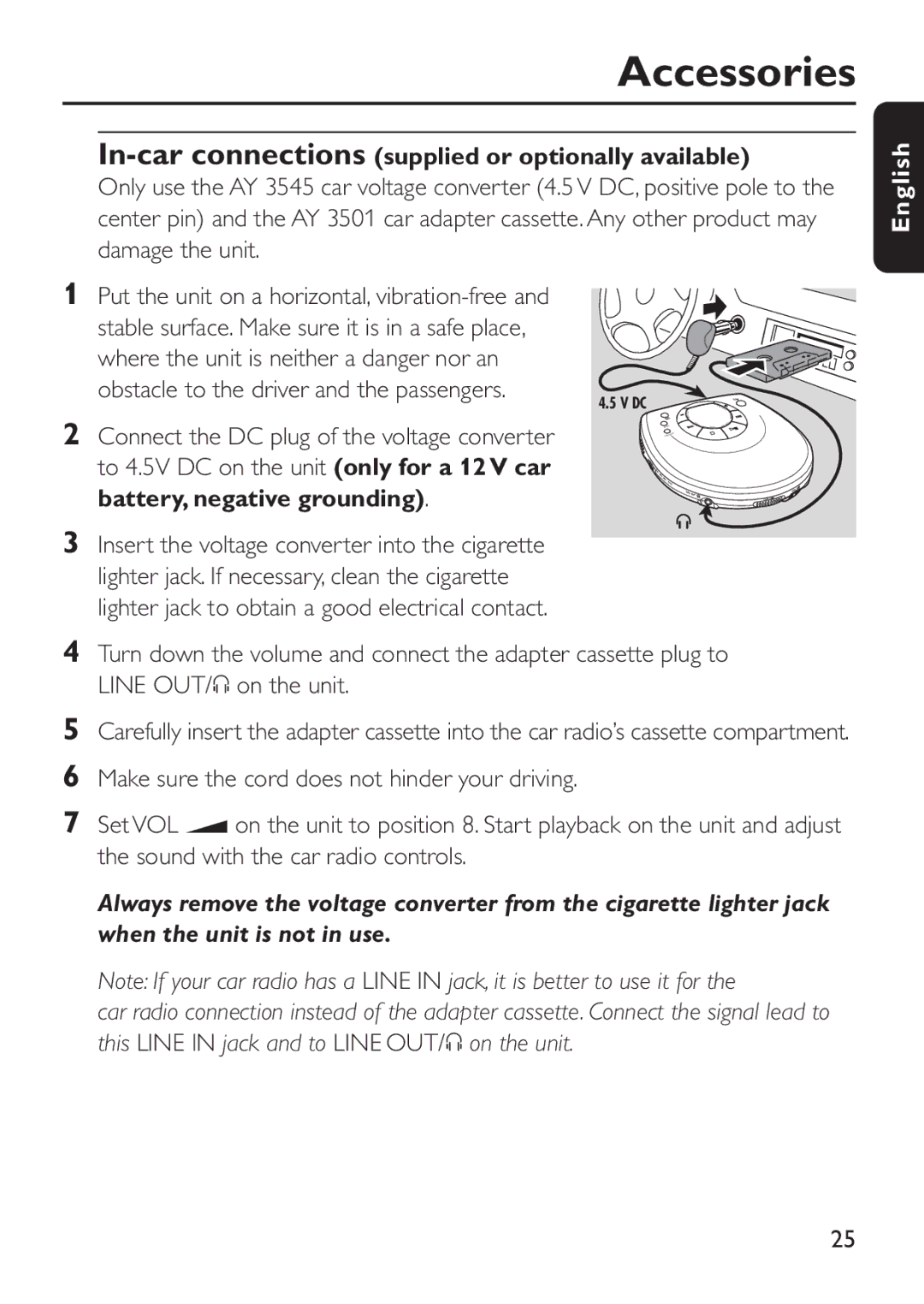 Philips EXP 301, EXP 303 manual Accessories, In-car connections supplied or optionally available 