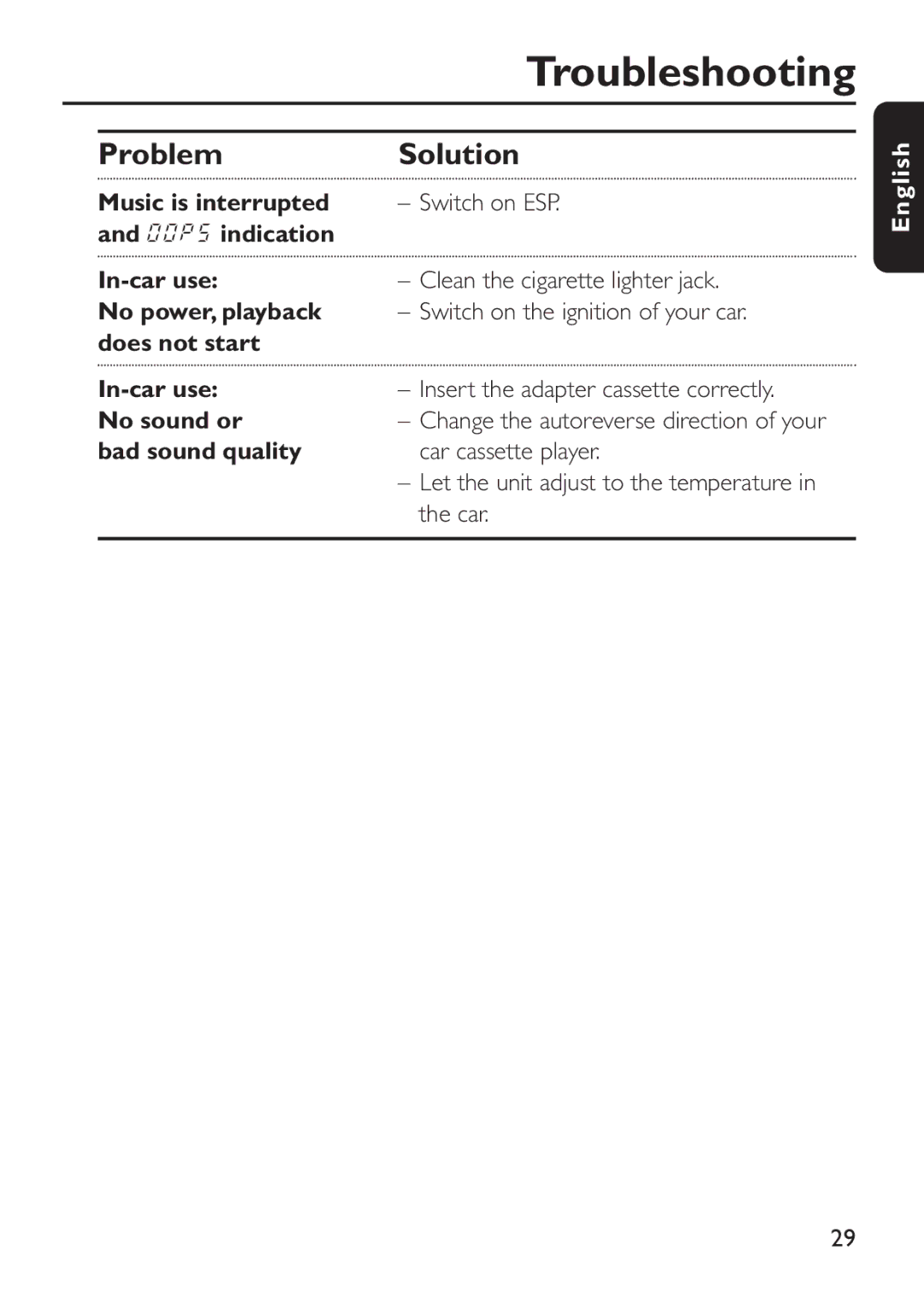 Philips EXP 301, EXP 303 manual In-car use No sound or bad sound quality 