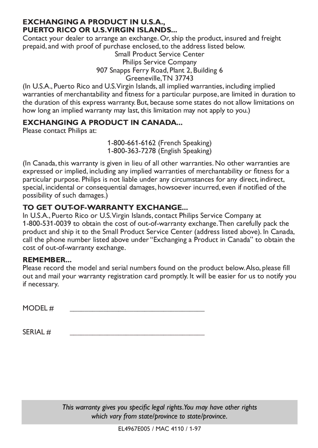 Philips EXP 301, EXP 303 manual Exchanging a Product in Canada 