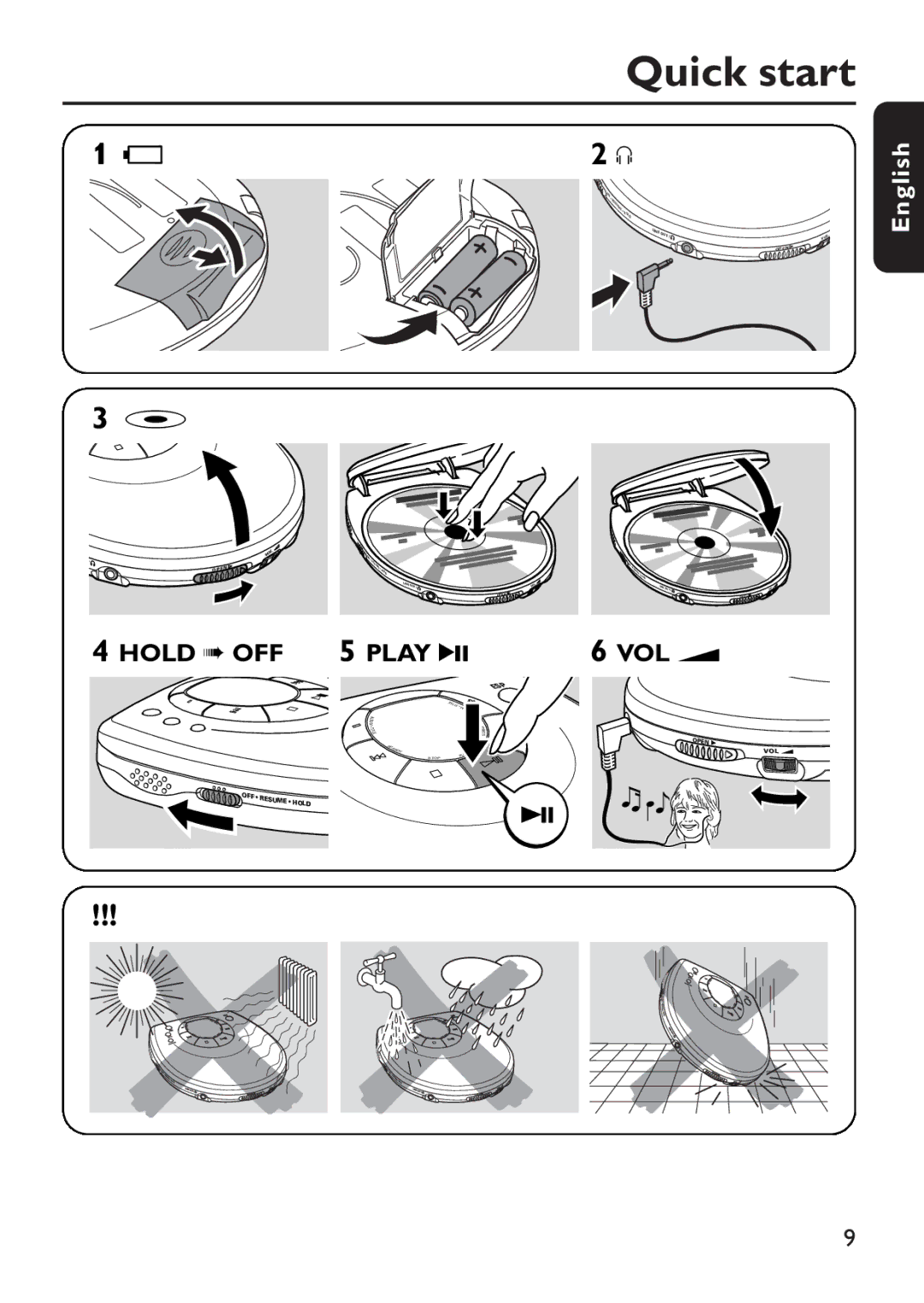 Philips EXP 301, EXP 303 manual Quick start, Hold OFF 5 Play 