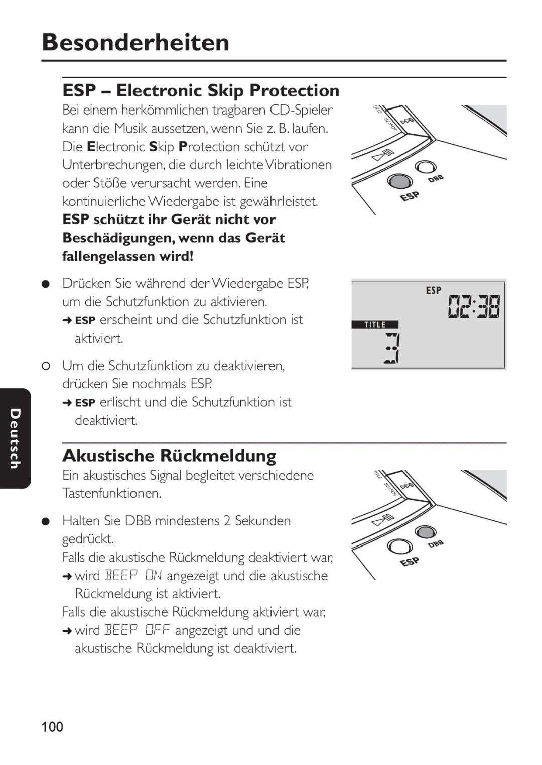 Philips EXP 501/00 manual Akustische Rückmeldung, ESP erscheint und die Schutzfunktion ist aktiviert, 100 