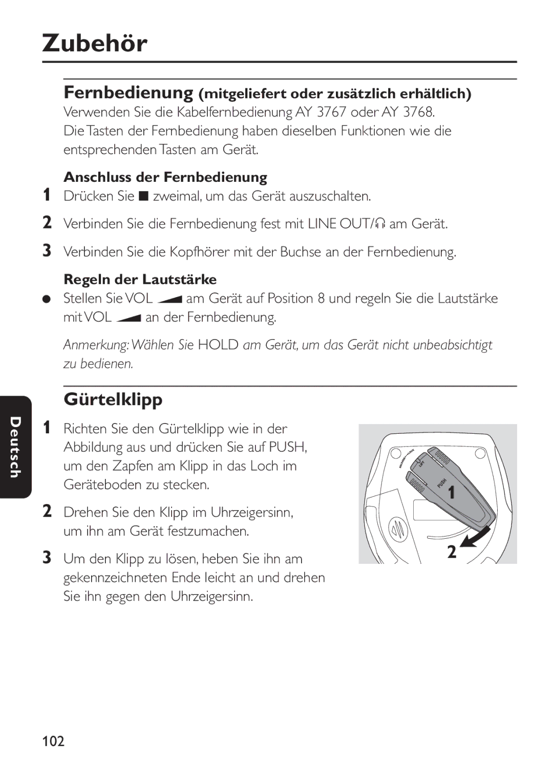 Philips EXP 501/00 manual Gürtelklipp, Fernbedienung mitgeliefert oder zusätzlich erhältlich, Anschluss der Fernbedienung 