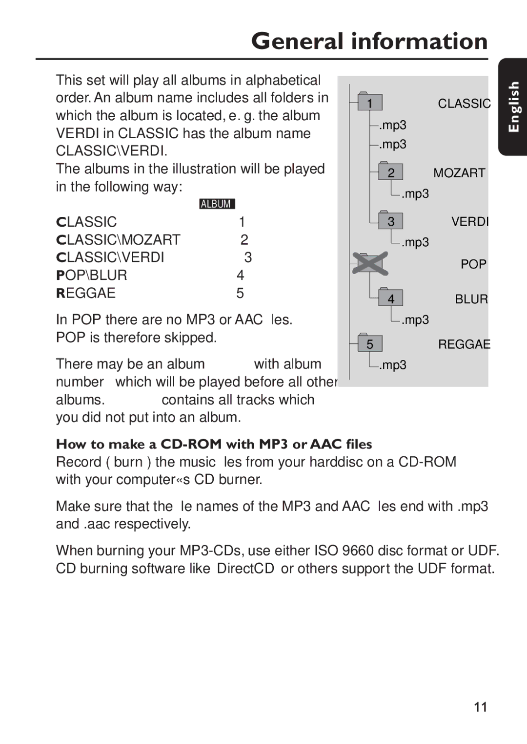 Philips EXP 501/00 POP there are no MP3 or AAC ﬁles. POP is therefore skipped, How to make a CD-ROM with MP3 or AAC ﬁles 