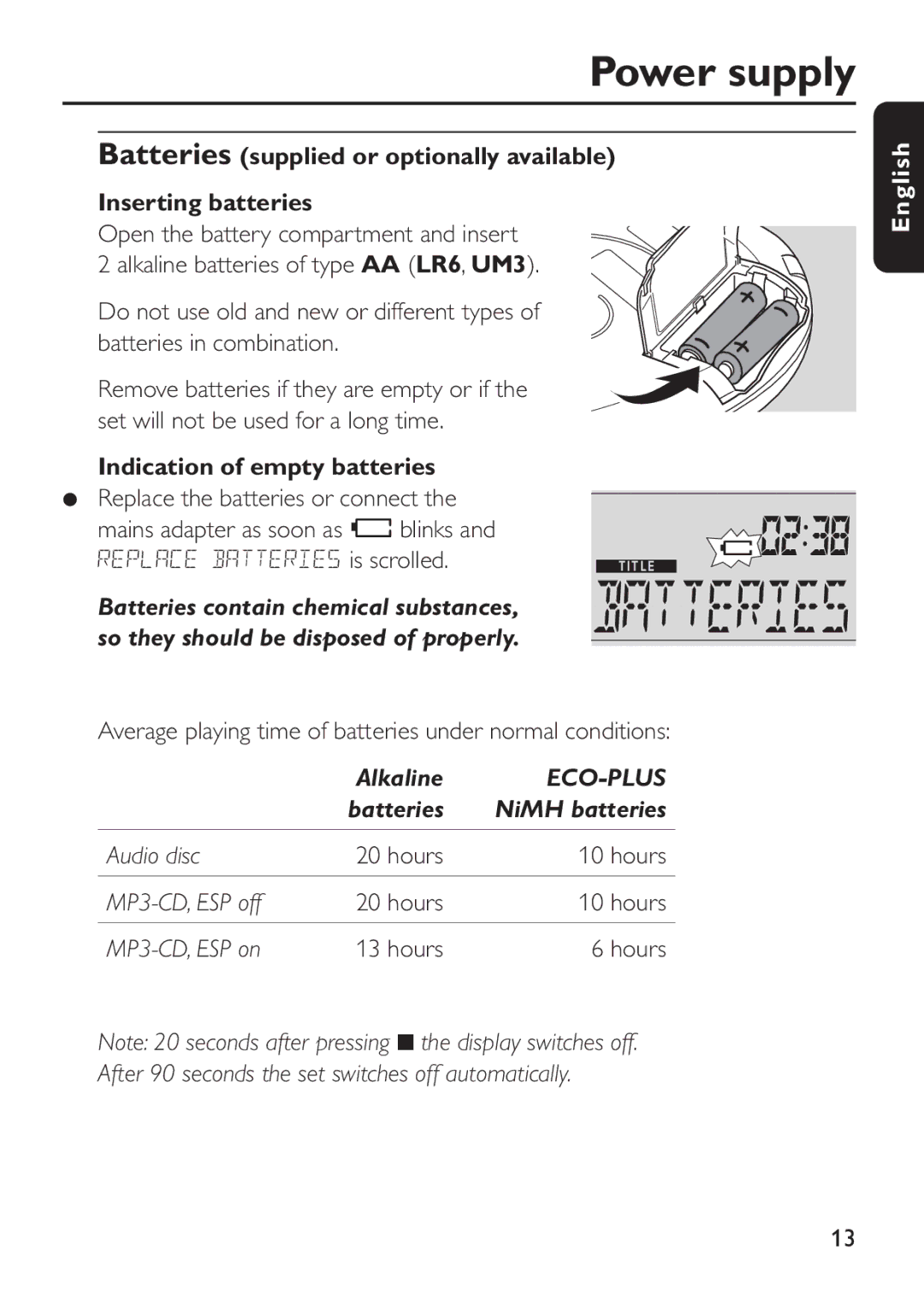 Philips EXP 501/00 Power supply, Indication of empty batteries, Average playing time of batteries under normal conditions 