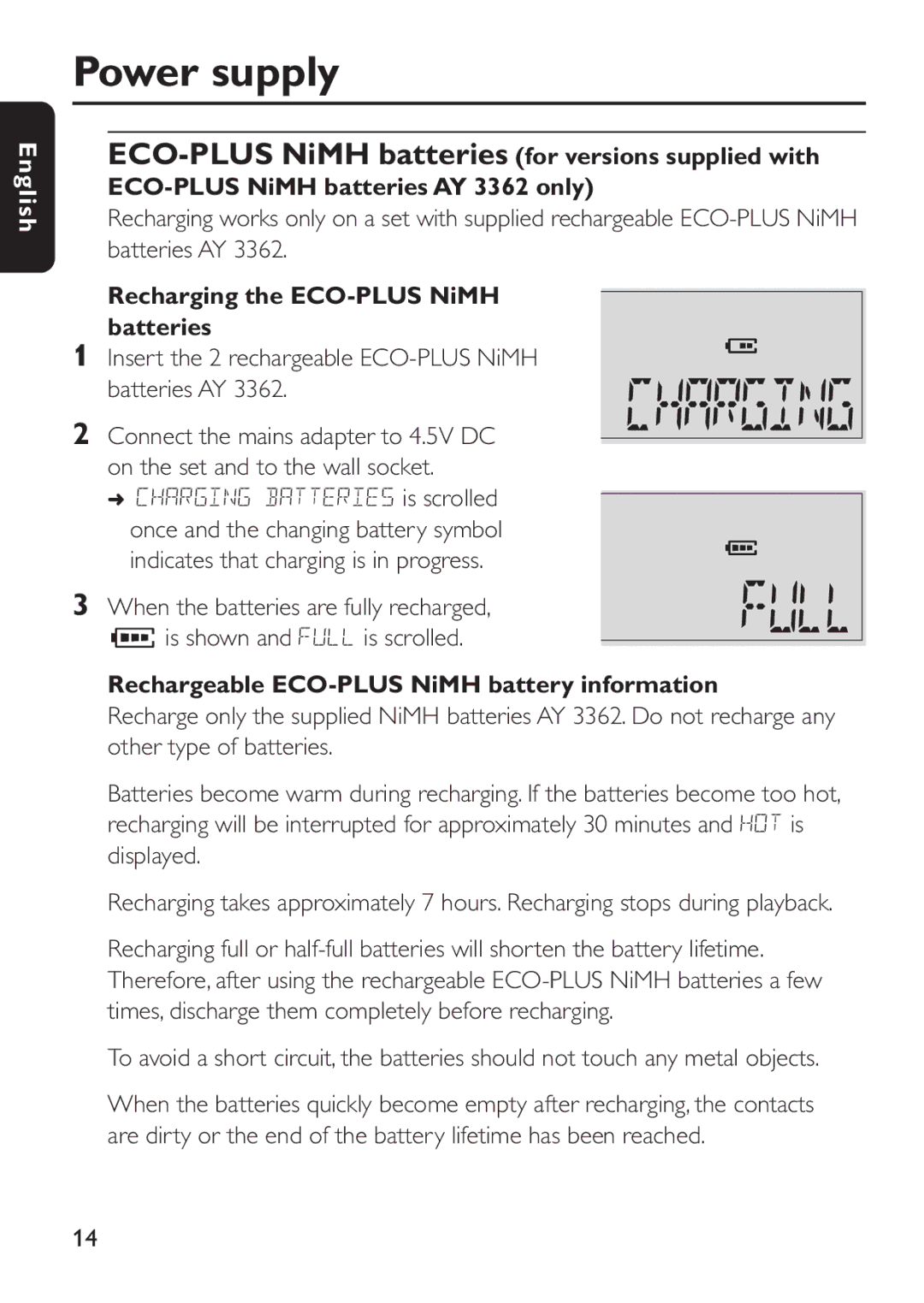 Philips EXP 501/00 manual Recharging the ECO-PLUS NiMH batteries, Insert the 2 rechargeable ECO-PLUS NiMH Batteries AY 