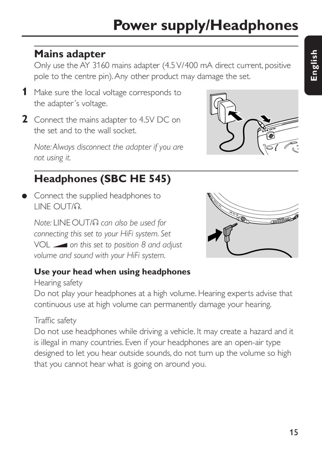 Philips EXP 501/00 manual Power supply/Headphones, Mains adapter, Headphones SBC HE, Use your head when using headphones 