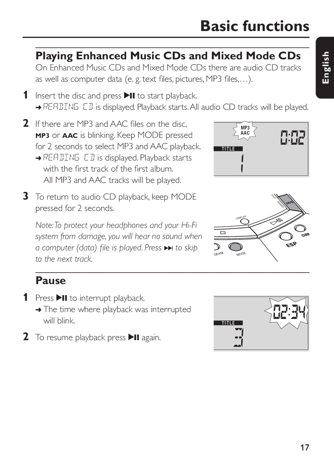 Philips EXP 501/00 manual Playing Enhanced Music CDs and Mixed Mode CDs, Pause 