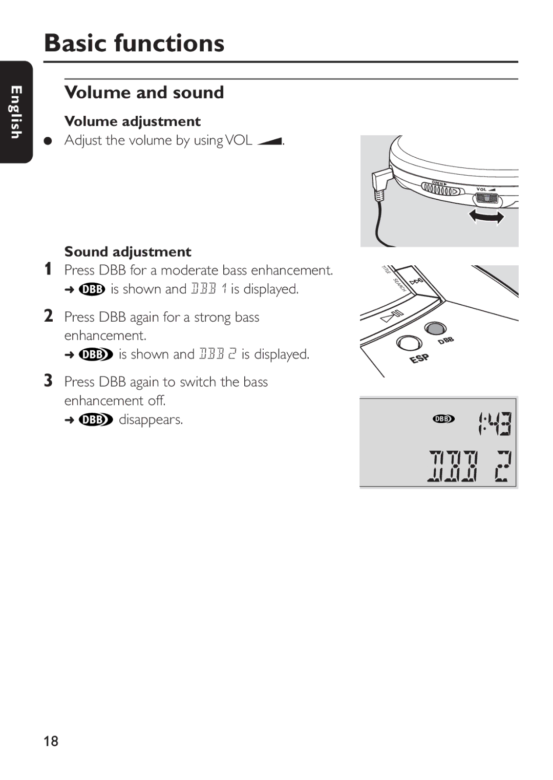 Philips EXP 501/00 manual Volume and sound, Volume adjustment, Adjust the volume by using VOL E, Sound adjustment 