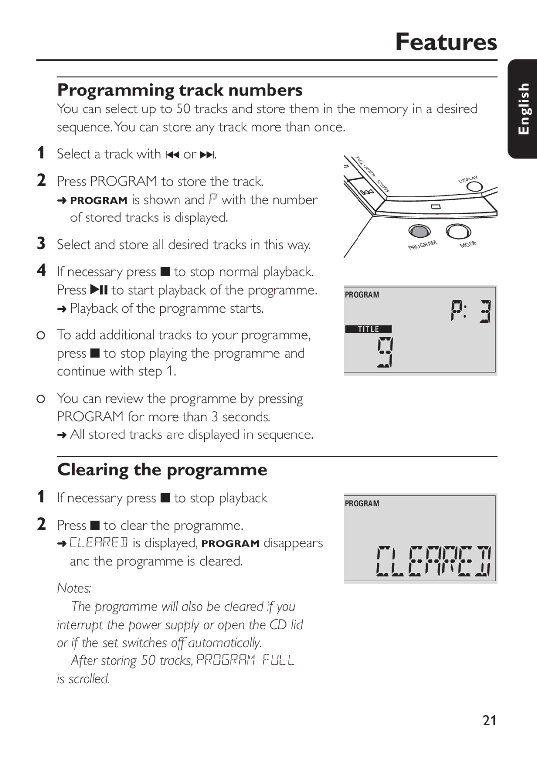 Philips EXP 501/00 Features, Programming track numbers, Clearing the programme, If necessary press 9 to stop playback 