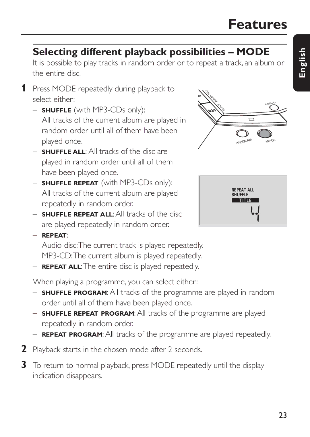 Philips EXP 501/00 manual Selecting different playback possibilities Mode, Repeatedly in random order 