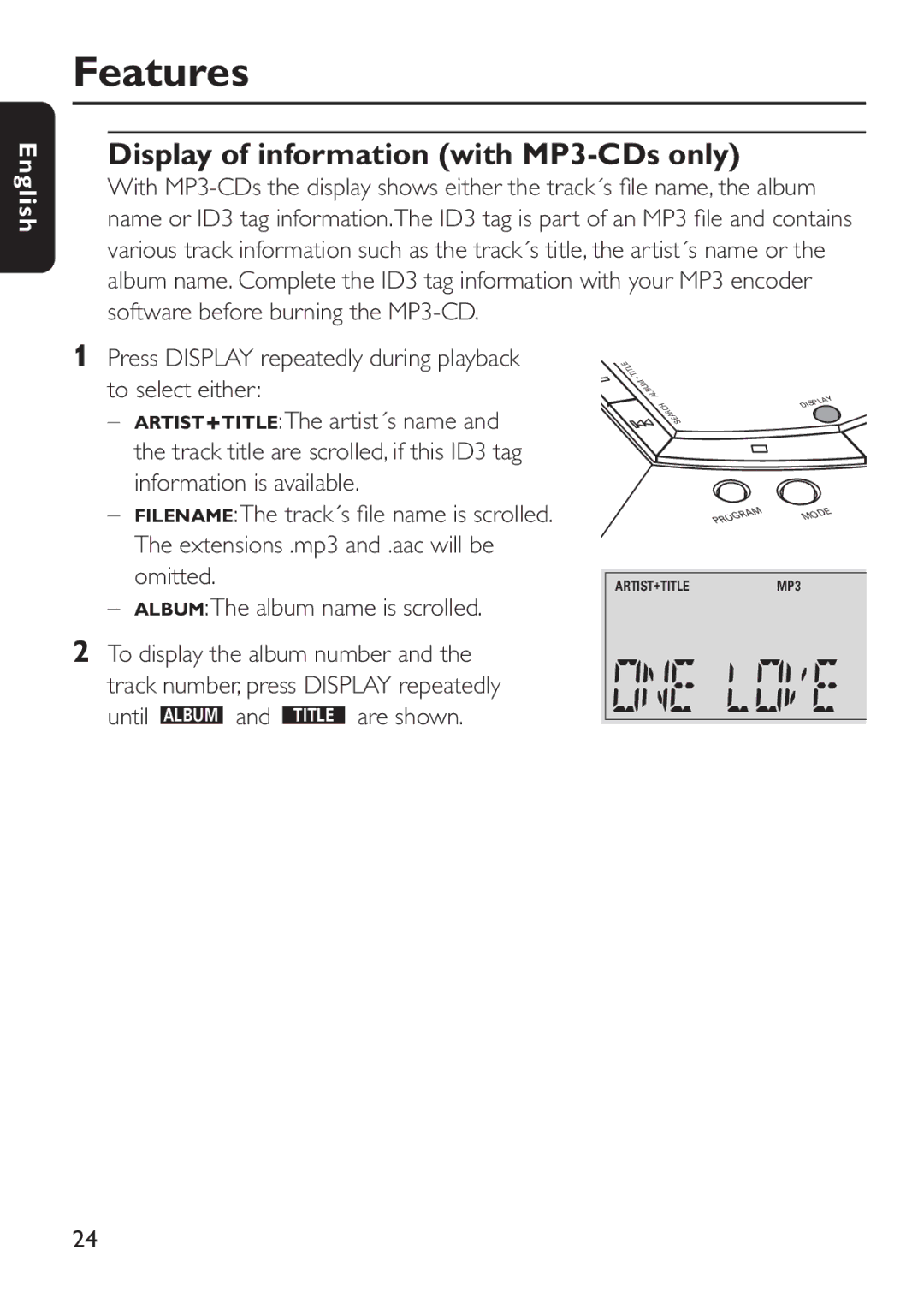 Philips EXP 501/00 manual Display of information with MP3-CDs only 