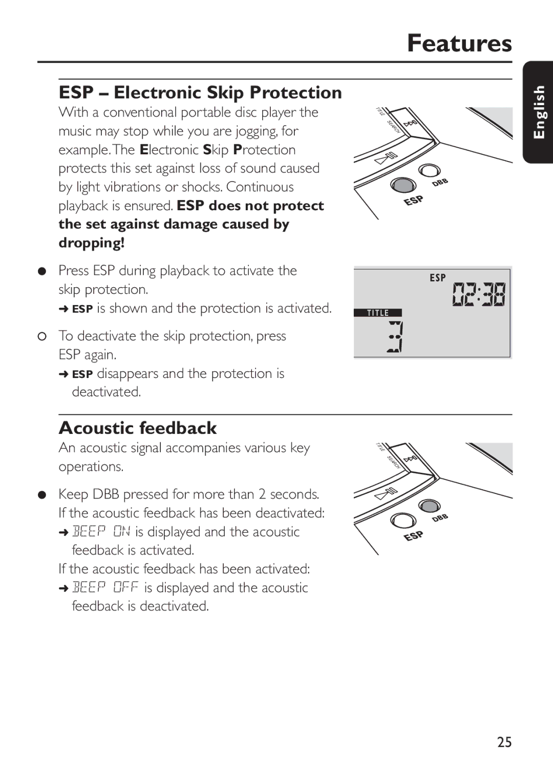 Philips EXP 501/00 manual ESP Electronic Skip Protection, Acoustic feedback, Set against damage caused by dropping 