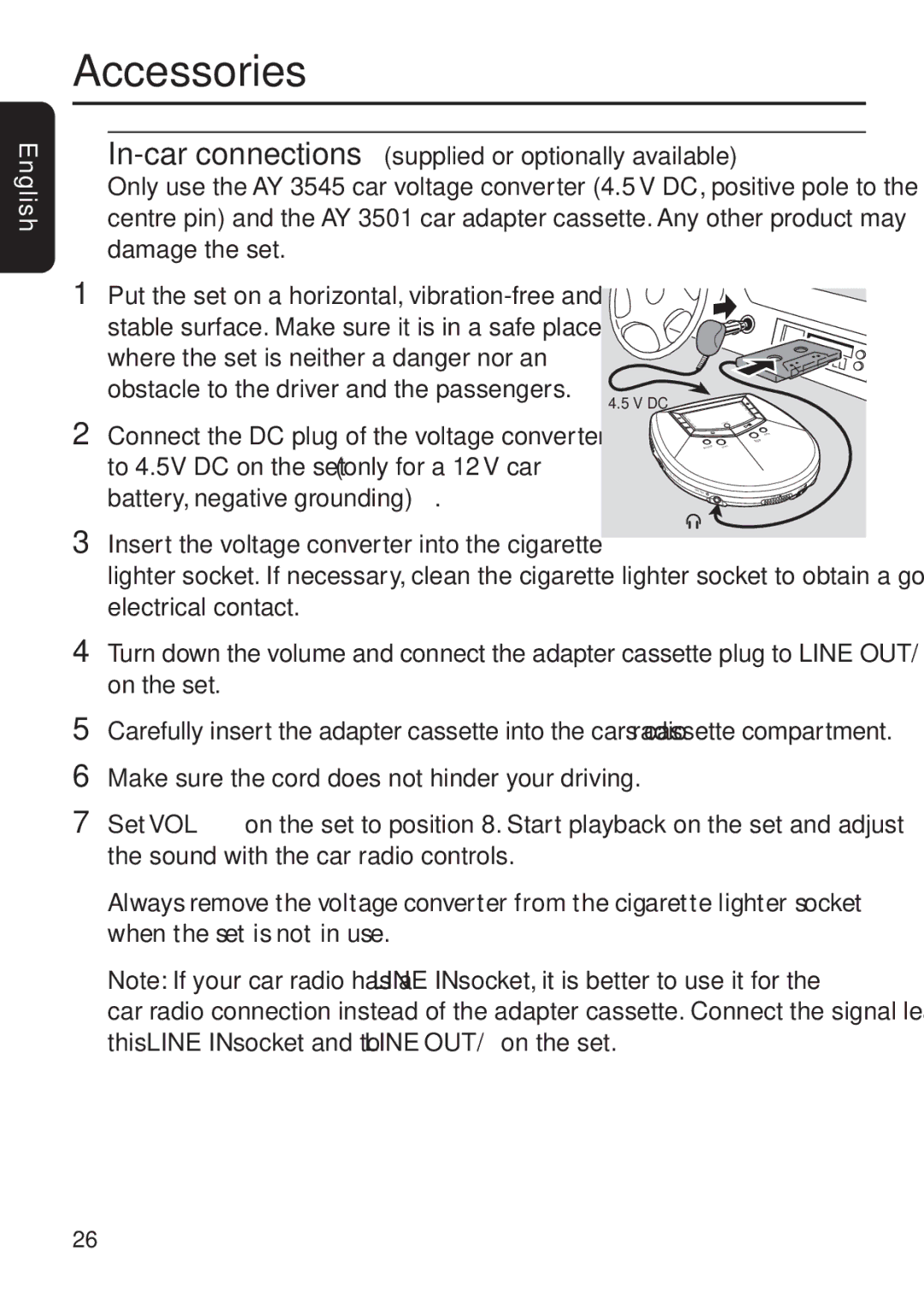 Philips EXP 501/00 manual Accessories, In-car connections supplied or optionally available 