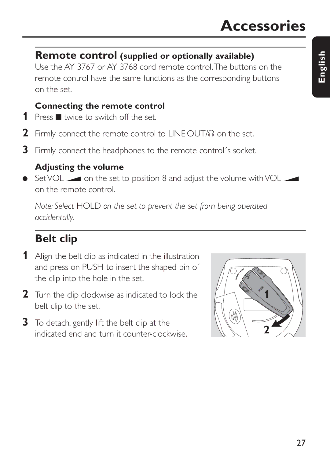 Philips EXP 501/00 manual Belt clip, Remote control supplied or optionally available, Connecting the remote control 