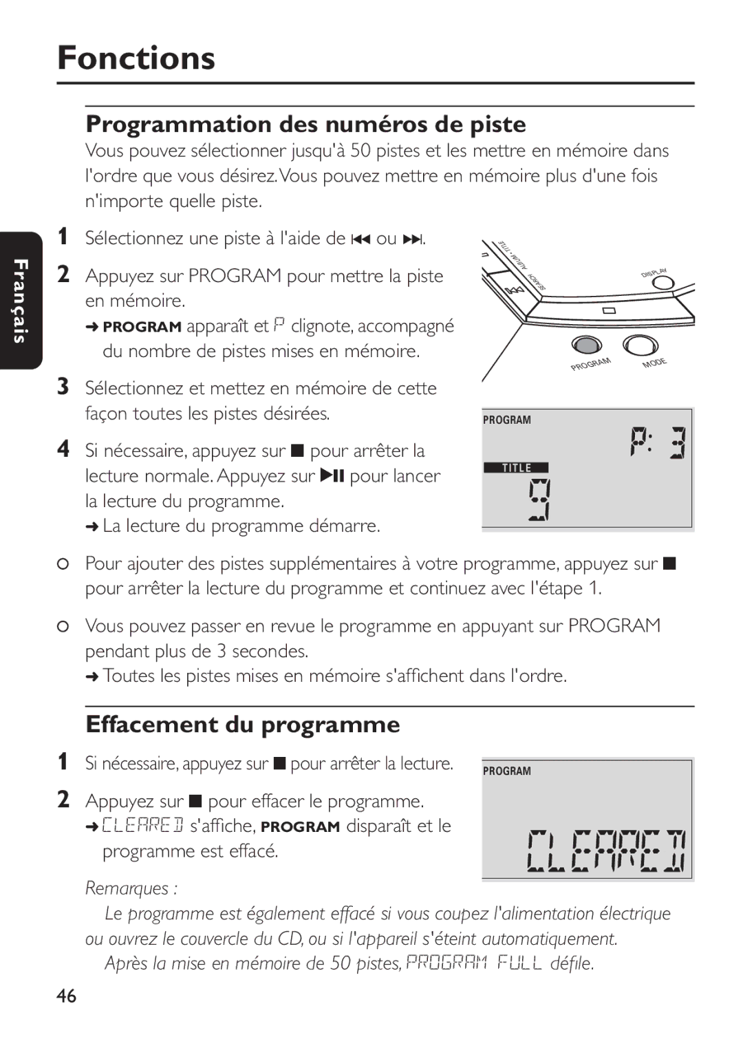 Philips EXP 501/00 manual Fonctions, Programmation des numéros de piste, Effacement du programme 