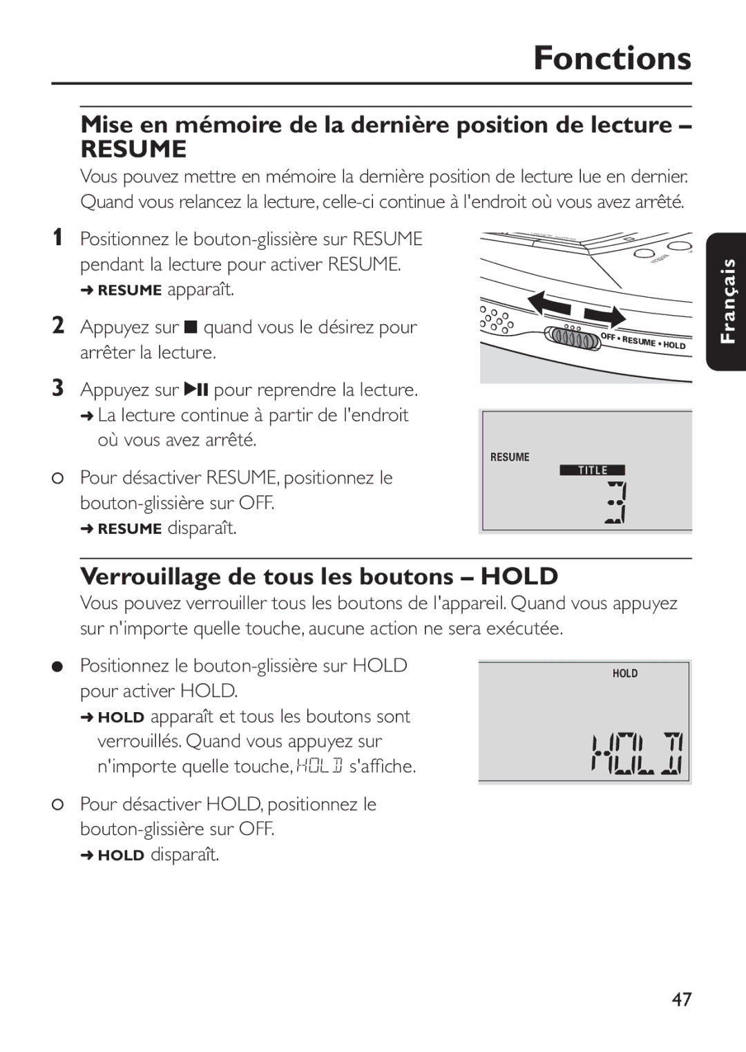 Philips EXP 501/00 manual Mise en mémoire de la dernière position de lecture, Verrouillage de tous les boutons Hold 