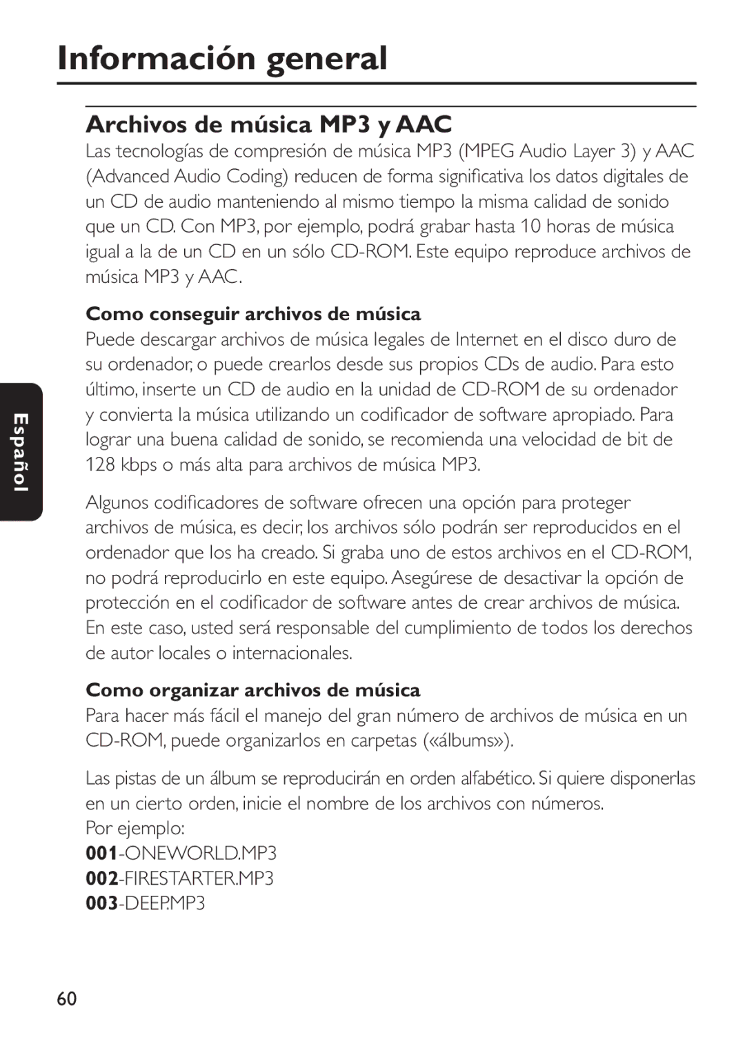 Philips EXP 501/00 Archivos de música MP3 y AAC, Como conseguir archivos de música, Como organizar archivos de música 