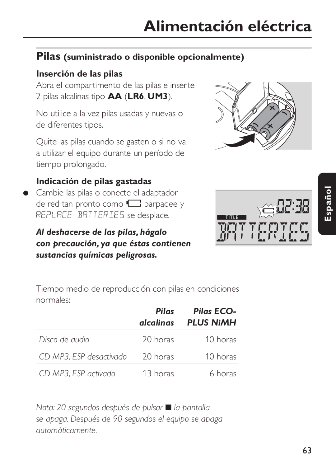 Philips EXP 501/00 manual Alimentación eléctrica, Indicación de pilas gastadas 