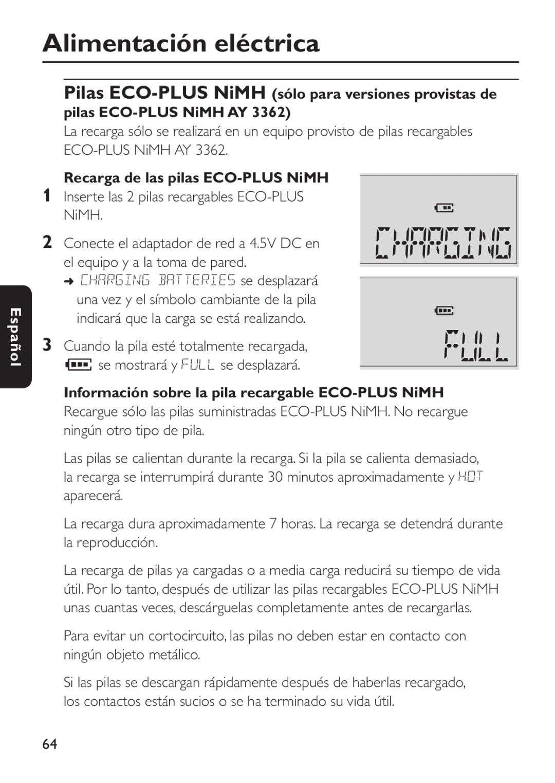 Philips EXP 501/00 manual Recarga de las pilas ECO-PLUS NiMH, Información sobre la pila recargable ECO-PLUS NiMH 