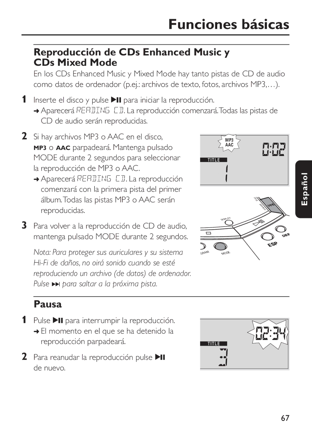 Philips EXP 501/00 Reproducción de CDs Enhanced Music y CDs Mixed Mode, Pausa, Pulse 2 para interrumpir la reproducción 