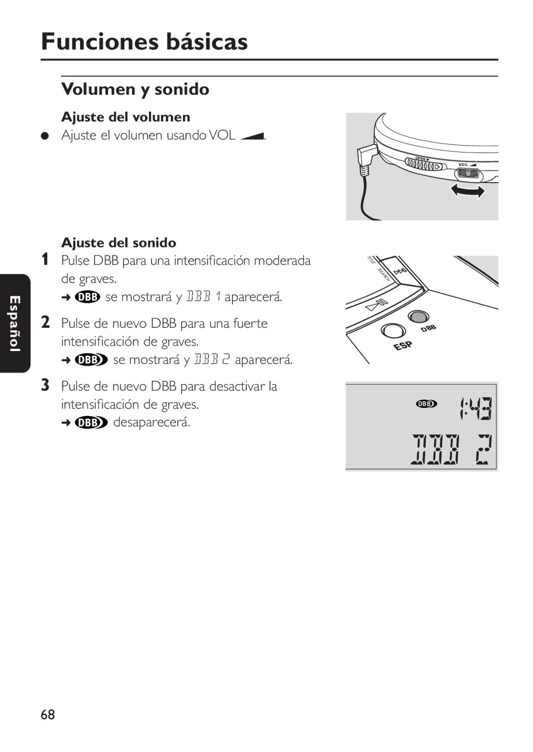 Philips EXP 501/00 manual Volumen y sonido, Ajuste del volumen, Ajuste el volumen usando VOL E, Ajuste del sonido 