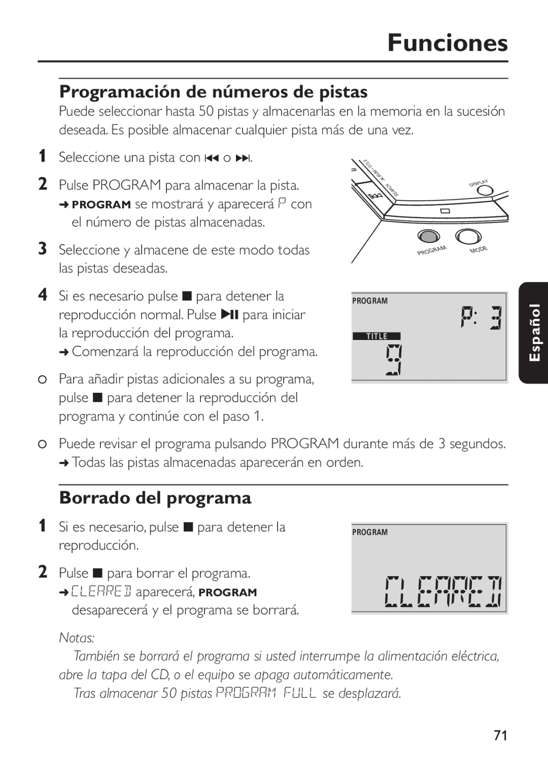 Philips EXP 501/00 manual Funciones, Programación de números de pistas, Borrado del programa 