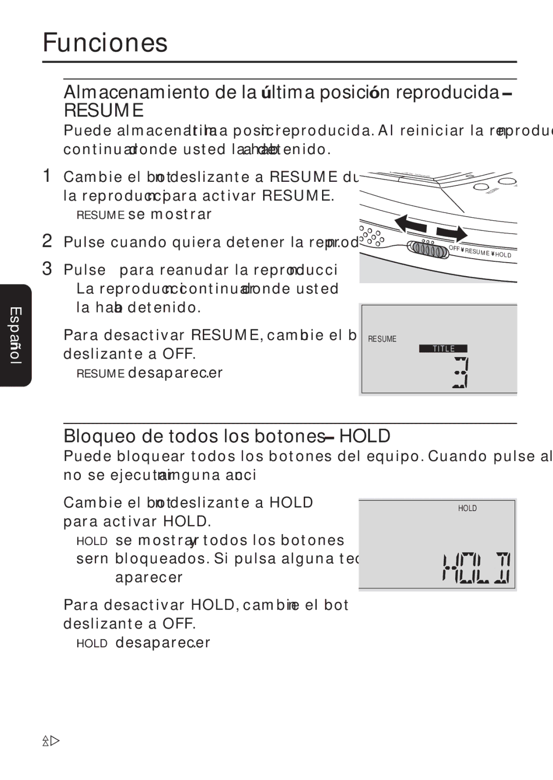 Philips EXP 501/00 manual Almacenamiento de la última posición reproducida, Bloqueo de todos los botones Hold 