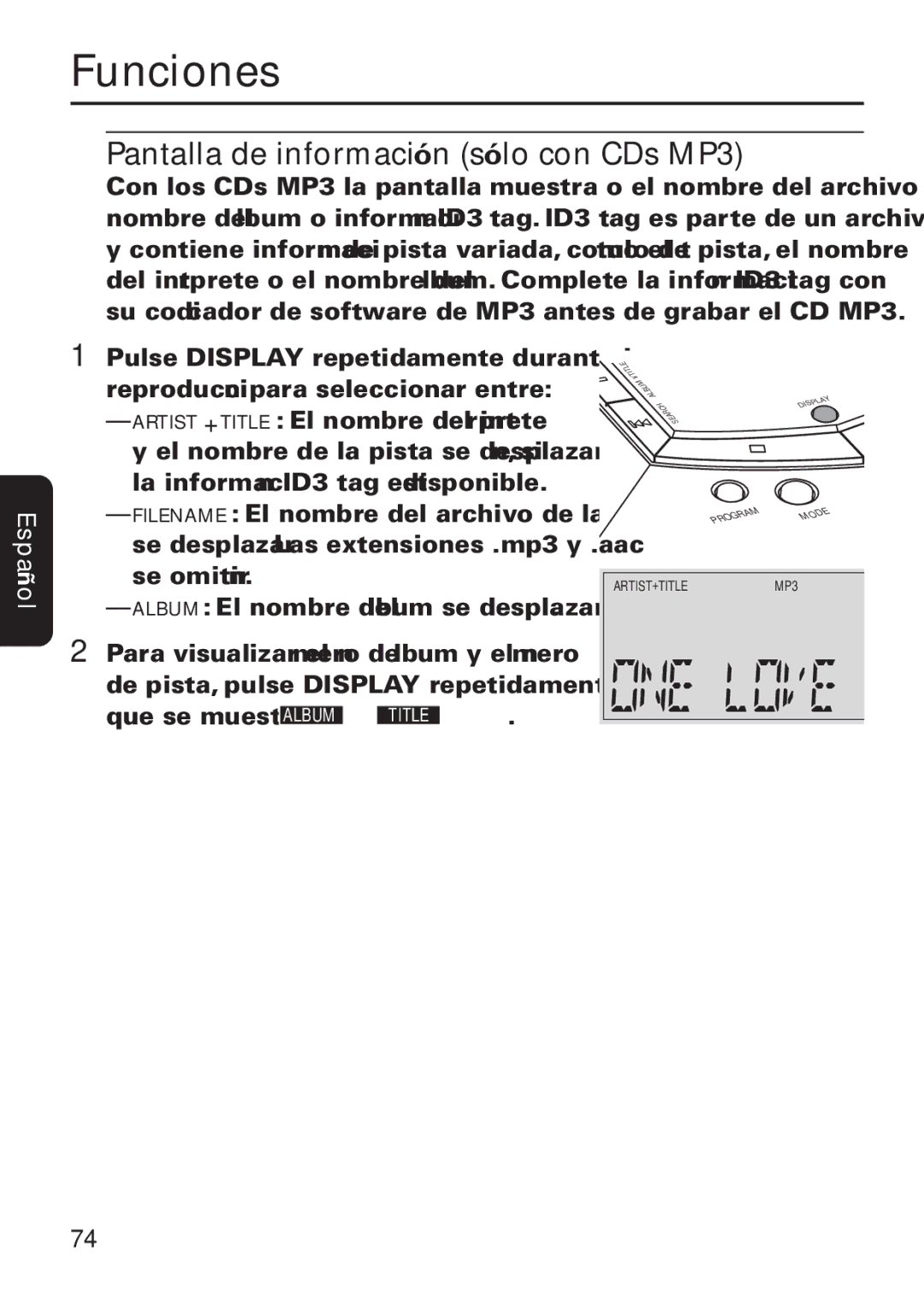 Philips EXP 501/00 manual Pantalla de información sólo con CDs MP3 