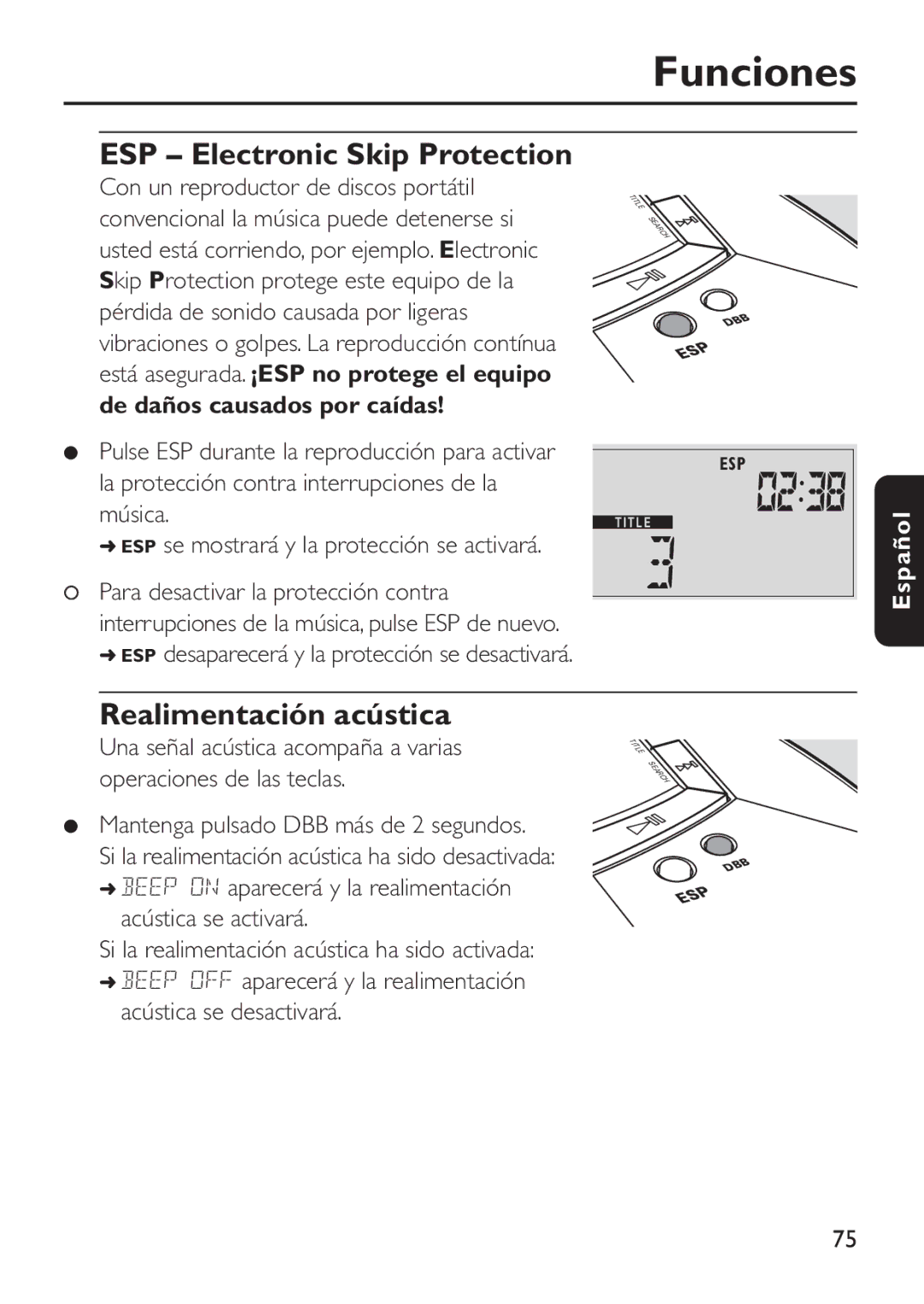 Philips EXP 501/00 Realimentación acústica, De daños causados por caídas, Si la realimentación acústica ha sido activada 