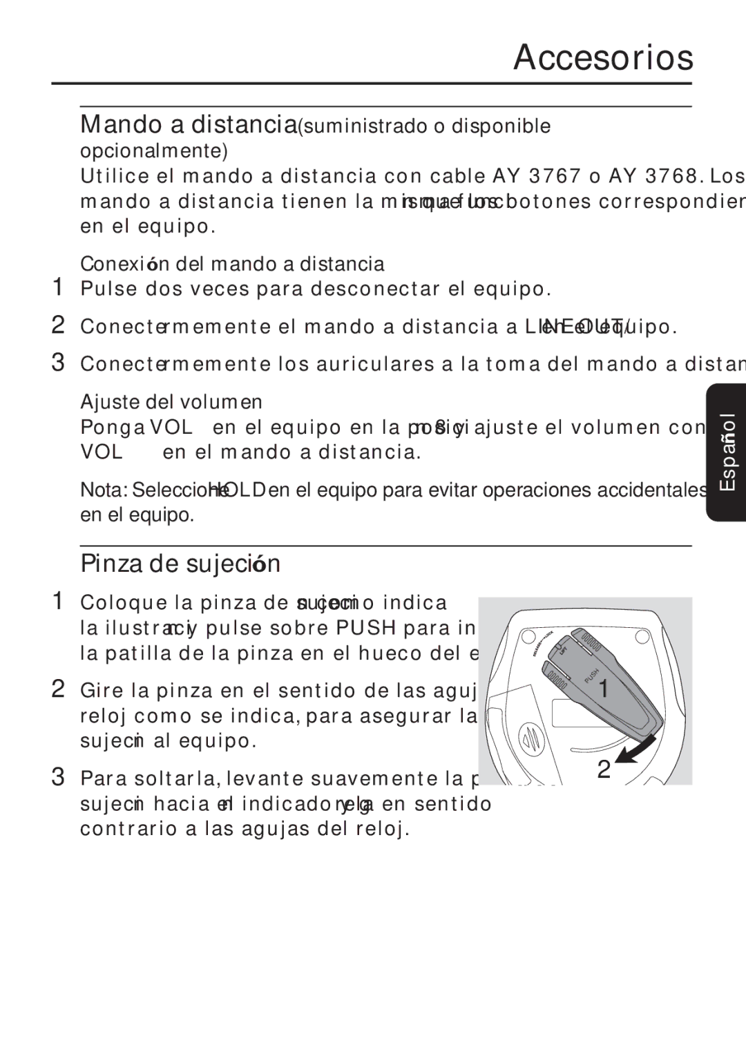 Philips EXP 501/00 manual Pinza de sujeción, Mando a distancia suministrado o disponible opcionalmente 