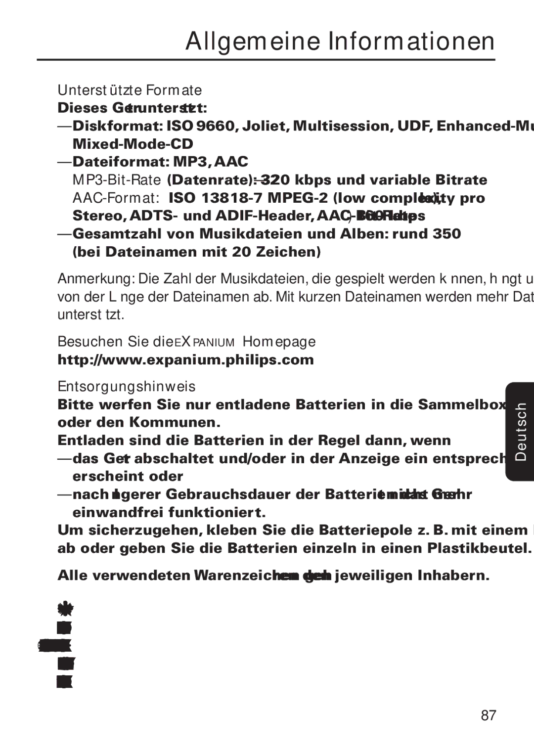 Philips EXP 501/00 manual Unterstützte Formate, Besuchen Sie die Expanium Homepage Entsorgungshinweis 