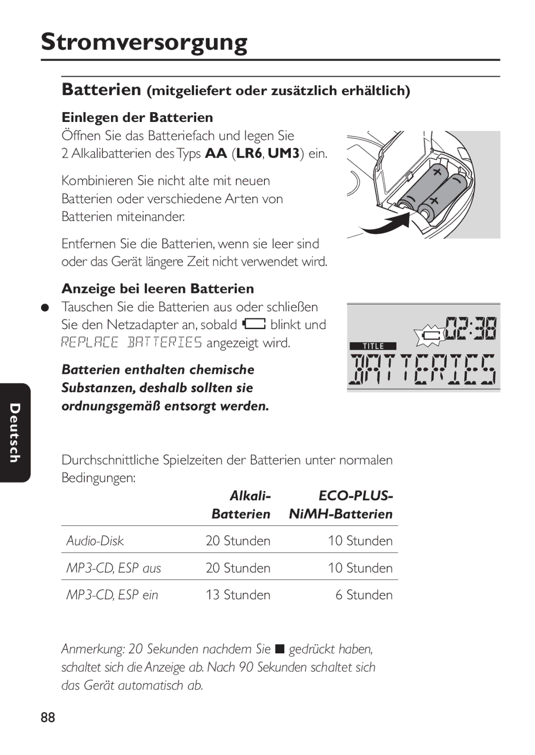 Philips EXP 501/00 manual Stromversorgung, Anzeige bei leeren Batterien 