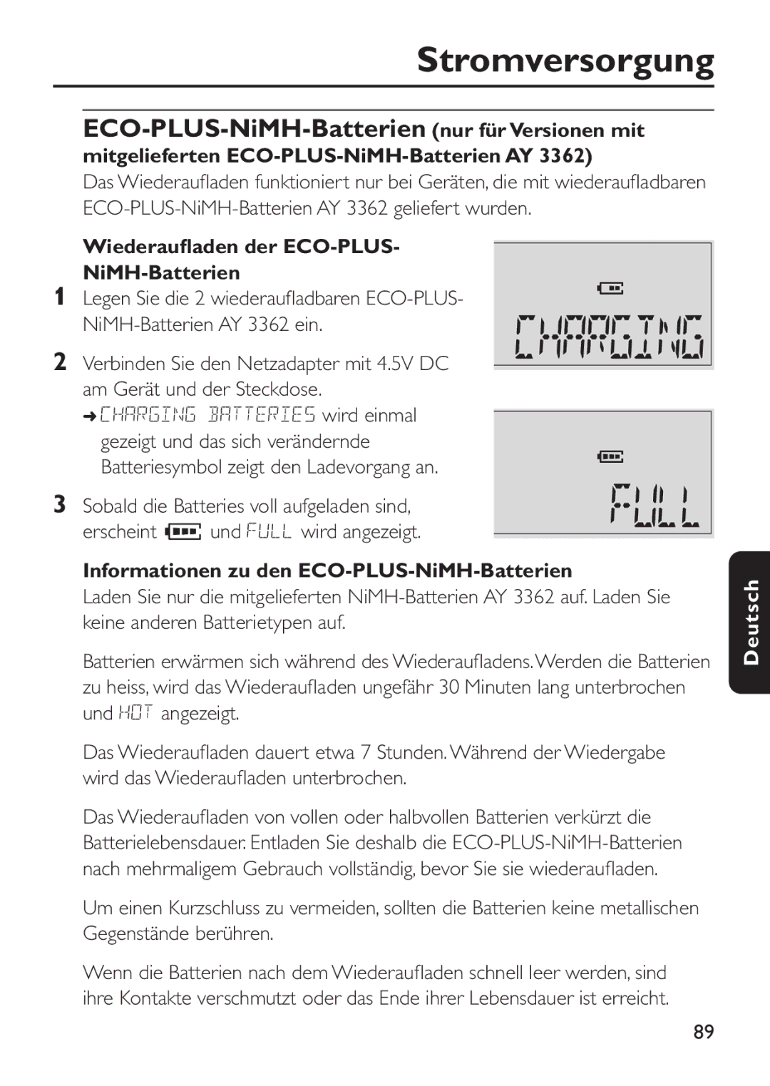 Philips EXP 501/00 manual ECO-PLUS-NiMH-Batterien nur für Versionen mit, Mitgelieferten ECO-PLUS-NiMH-Batterien AY 