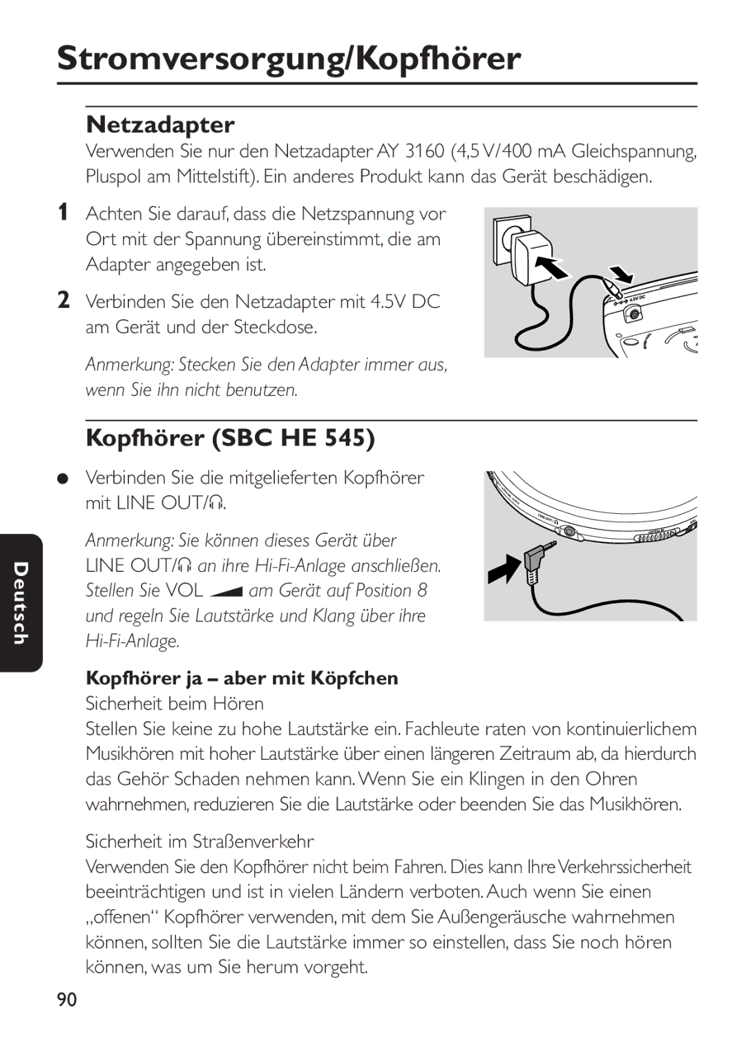 Philips EXP 501/00 manual Stromversorgung/Kopfhörer, Netzadapter, Kopfhörer SBC HE, Kopfhörer ja aber mit Köpfchen 