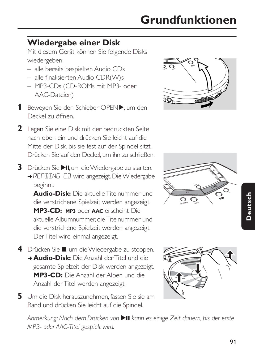 Philips EXP 501/00 manual Grundfunktionen, Wiedergabe einer Disk 